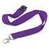 A purple glow in the dark lanyard with a metal clip and adjustable buckle, featuring a logo.
