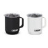 A drink mug set featuring a black and a white vacuum-insulated design, each with a clear lid and a handle.