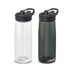 A drink bottle set featuring a clear and an olive green CamelBak Eddy+ Bottle, both with black lids and branding.