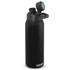 A drink bottle in matte black with a wide mouth and a flip-top cap, featuring a logo on the front.