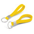 A pair of yellow silicone key rings with a metal attachment. One key ring is slightly longer than the other.