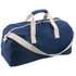 A navy duffle bag with cream handles and a shoulder strap, featuring a zippered closure and a small logo.