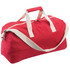 A red duffle bag with cream handles and a zip closure, featuring a logo on the side.