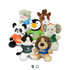 Assorted plush toys in various colours, including panda, penguin, and dog, each wearing a printed shirt.