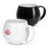 A coffee mug set featuring a glossy black mug and a matte white mug. Each mug has a logo on it.