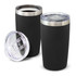 A drink bottle set in matte black with stainless steel detailing and clear lids. Includes two vacuum cups with a lid.