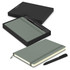 A green Moleskine notebook and black pen, presented in a sleek black gift box.