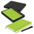 A green Moleskine notebook and black pen in a sleek black gift box. Includes a logo on the notebook.