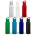 A drink bottle collection featuring aluminium bottles in silver, white, red, green, blue, and black with a sporty cap design.