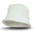 A white terry towelling bucket hat with a branded logo, featuring a wide brim and soft texture.
