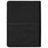 A black full grain leather compendium with white stitching and a logo on the front.