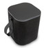 A black Bluetooth speaker with a textured exterior and a handle for easy carrying. It features a square top design.