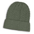 A green knit beanie with a cable pattern and a folded brim. It features a small logo.