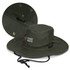 An olive green oilskin wide brim hat with ventilation holes and a chin strap, featuring a logo.