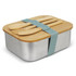 A stainless steel lunch box with a bamboo lid and cutlery, secured with a teal strap.
