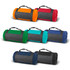 A range of rolled fleece blankets in orange, red, green, teal, blue, and navy, each with a black strap.