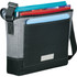 A grey and black tablet messenger bag with a shoulder strap, holding notebooks and folders inside.