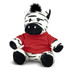 A soft zebra plush toy with black and white stripes, wearing a red sweatshirt. It has a playful expression and a fluffy mane.