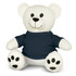 A white plush bear toy with a smiling face, wearing a navy blue shirt and black paw prints on its feet.