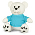 A cotton bear plush toy with a white body and a blue shirt, featuring black paw prints on its feet.