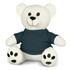 A white plush bear toy wearing a navy blue shirt, featuring black paw prints and stitched facial features.