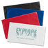A set of four vinyl travel wallets in black, blue, red, and white, featuring outdoor-themed designs and a logo.