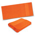 An orange towel displayed unfolded and folded, featuring a textured surface and a solid band. It has a logo.