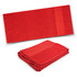 A red terry towel featuring a smooth strip and a folded design, showcasing its soft texture. Contains branding.