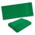 A green terry towel displayed flat and folded, featuring a textured section and a plain band, with a logo present.