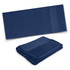 A navy blue bath towel neatly folded and laid out flat, featuring a textured band and a logo.
