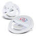 A white selfie phone light with a circular design, featuring a logo on the front and a clip for attachment.