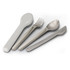 A travel cutlery set featuring a grey spoon, fork, knife, and silver serving spoon, with a logo on one piece.