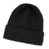A black knitted beanie with a rolled cuff and a textured finish. It features a logo on the side.