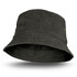 A faded black bucket hat with brass eyelets and a wide brim, featuring a subtle texture.