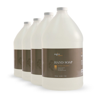 Bulk 4 Gallons Zogics Organics Hand Soap, hydrating honey‑coconut scent for frequent use