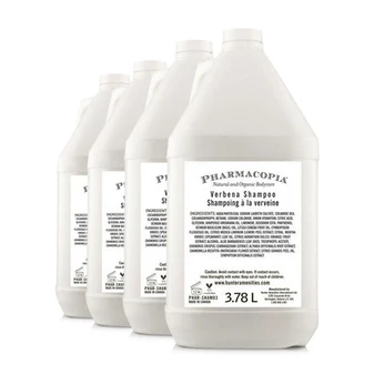 Four 1-gallon Pharmacopia Verbena Shampoo jugs