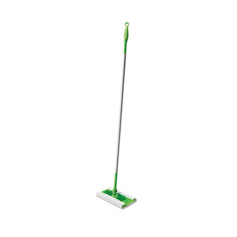 Green Swiffer shown in standing position with slim handle and wide mop base