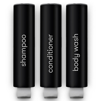 Black Shower Dispenser with three labeled chambers for shampoo, conditioner, and body wash – premium Kure dispenser from the Kure products line