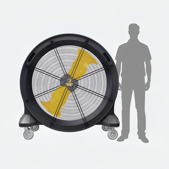 Big Ass Fans BANDIT 42 inch industrial floor fan shown beside person for scale