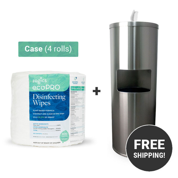 ecoPRO Plant-Based Disinfecting Wipes (4 rolls/case) + Wipes Floor Dispenser with Door