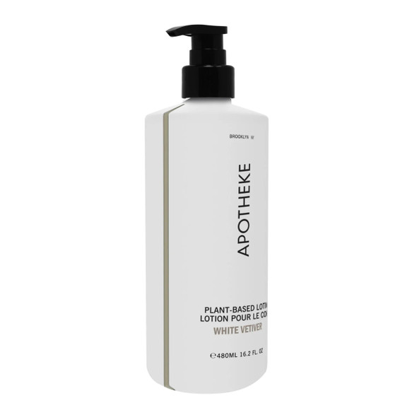 16 oz White Vetiver lotion by Apotheke in a reusable dispenser