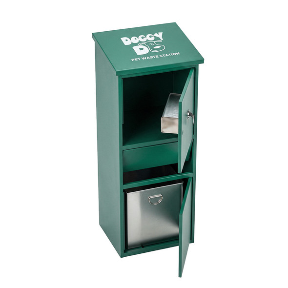 Dual keyed locks securing dispenser and waste compartments