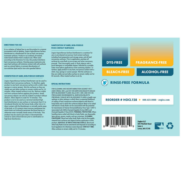 Back label view of hypochlorous acid cleaner surface disinfectant