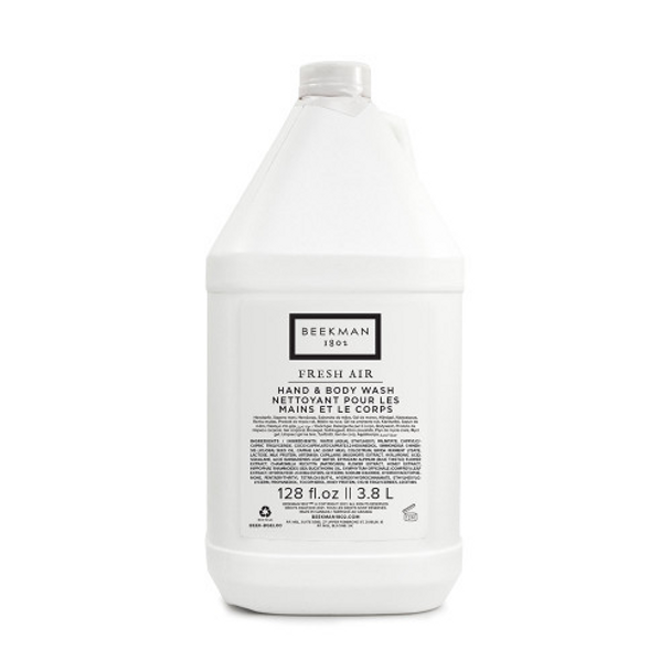 Beekman 1802 Fresh Air hand & body wash label on recyclable HDPE gallon