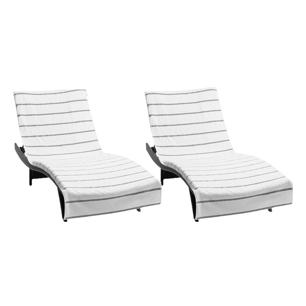 Two-pack light grey cotton terry covers for outdoor chaise lounges