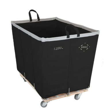 Black industrial linen cart with steel frame