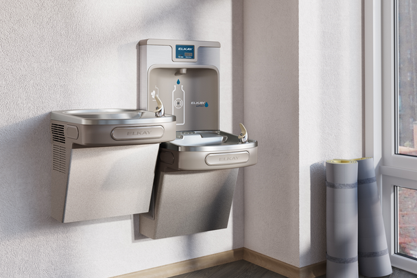 High traffic bottle filling station with dual access