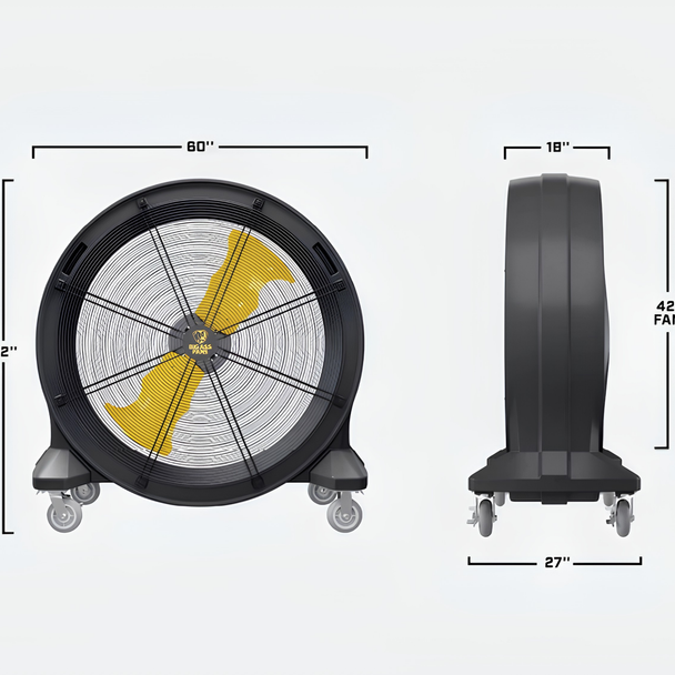 BANDIT 42 inch industrial fan dimensions showing 60 inch width, 62 inch height and 27 inch depth