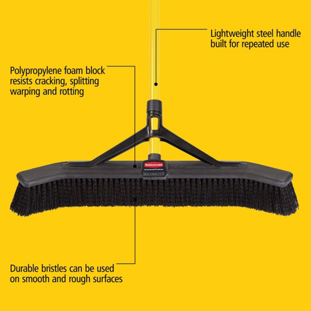 Rubbermaid Maximizer push broom with polypropylene foam block, durable bristles, and steel handle