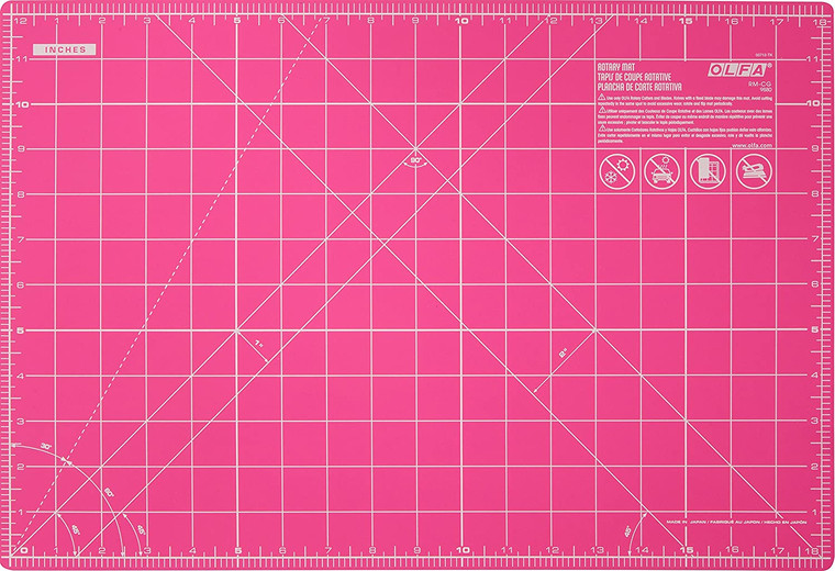 OLFA 12x18” pink double-sided self-healing rotary mat for precise cutting in fabric and paper crafts